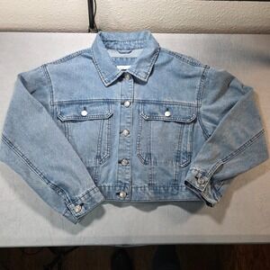 Happily Grey Light Wash Cropped Denim Jacket Elastic Back V11901 Womens Large